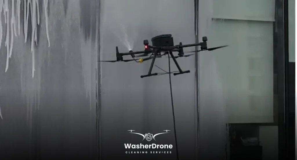 Drone cleaning glass facade efficiently