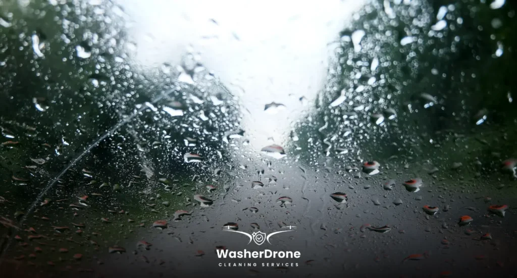 Raindrops on a car windshield.