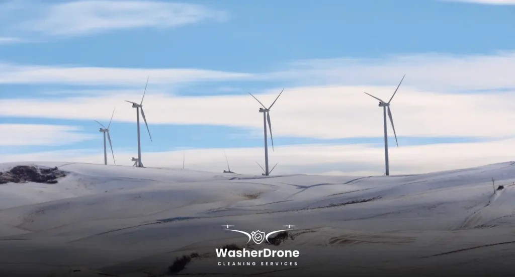 Wind turbines in snowy landscape