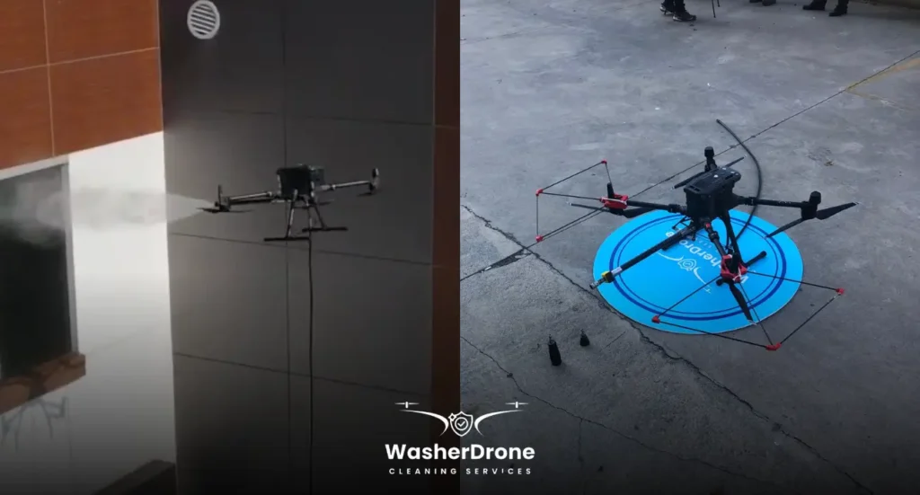 Drone cleaning building exterior surfaces.